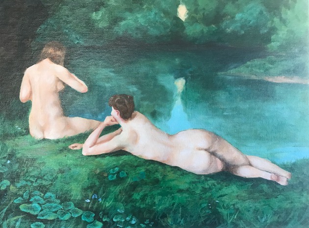 nude figures by lake
