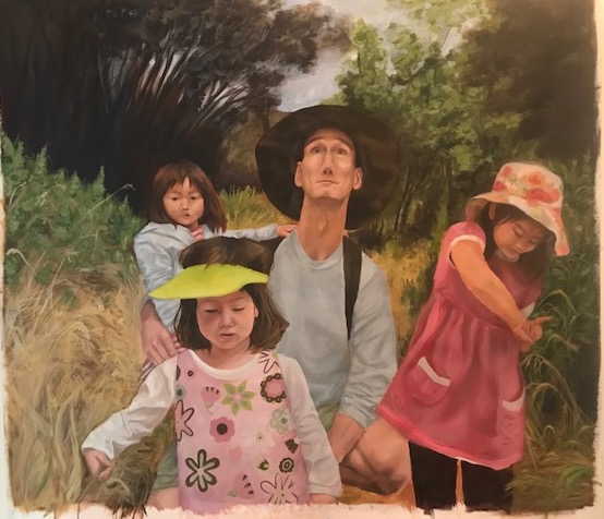 man and children hiking