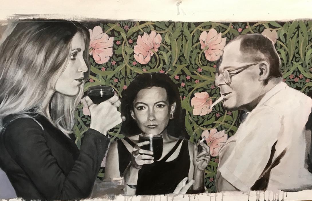 Left to right: Sharon Tate, Joan Didion, Billy Wilder, Chateau Marmont bathroom wallpaper